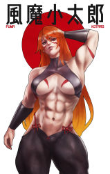 Rule 34 | 1girl, abs, absurdres, arm up, bare arms, bare shoulders, biceps, black pants, body markings, breasts, collarbone, commentary, facepaint, fuuma kotarou (tenkaichi), gradient hair, halterneck, highres, large breasts, long hair, looking at viewer, monori rogue, multicolored hair, muscular, muscular female, navel, orange hair, pants, red eyes, red hair, smile, solo, tenkaichi nihon saikyou bugeisha ketteisen, thick thighs, thighs, toned, underboob, wristband