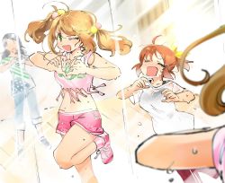 Rule 34 | 3girls, abe nana, ahoge, aoki sei, black tank top, blurry, blurry foreground, bow, closed eyes, commentary, crop top, exercising, exhausted, from behind, hair bow, heart, heart hands, idolmaster, idolmaster cinderella girls, idolmaster cinderella girls starlight stage, leg up, light brown hair, miridereningen, mirror, multiple girls, orange hair, pants, pink footwear, pink legwear, pink shirt, ponytail, reflection, sato shin, see-through, shirt, short shorts, shorts, sleeves rolled up, sweat, tank top, track pants, trainer (idolmaster), training, tripping, twintails, v-shaped eyebrows, wet, wet clothes, wet shirt, white shirt