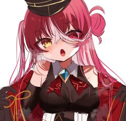 Rule 34 | 1girl, bad id, bad twitter id, bare shoulders, black hat, blush, bodystocking, bow, bowtie, breasts, brooch, cleavage, colored inner hair, hair bun, hat, heterochromia, hololive, houshou marine, houshou marine (marching band), jewelry, long hair, looking at viewer, medium breasts, multicolored hair, noi mine, open mouth, red bow, red bowtie, red eyes, red hair, see-through, see-through cleavage, simple background, single side bun, sketch, solo, undressing, upper body, virtual youtuber, white background, yellow eyes