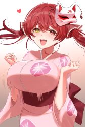 Rule 34 | 1girl, :d, blush, bouncing breasts, breasts, hair ornament, heart, heterochromia, highres, hololive, hoshikani, houshou marine, japanese clothes, kimono, large breasts, mask, mask on head, obi, open mouth, pink kimono, red eyes, red hair, sash, smile, solo, twintails, virtual youtuber, yellow eyes, yukata