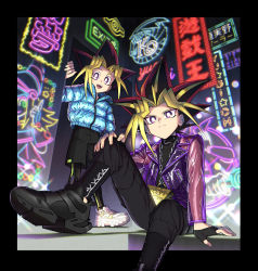 Rule 34 | 2boys, alternate costume, black footwear, black gloves, black hair, black pants, black shorts, blonde hair, blue-eyes white dragon, bright pupils, chain, closed mouth, commentary request, copyright name, dark magician, dark magician girl, dyed bangs, fingerless gloves, gloves, highres, jacket, koma yoichi, leggings, long sleeves, male focus, millennium eye, millennium puzzle, multicolored hair, multiple boys, muto yugi, neon lights, open mouth, pants, purple eyes, shoes, shorts, sitting, smile, sneakers, spiked hair, teeth, tongue, white footwear, yami yugi, yu-gi-oh!, yu-gi-oh! duel monsters, zipper pull tab