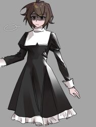 Rule 34 | ..., 1boy, black dress, black eyes, brown hair, chinese commentary, commentary request, dress, frilled dress, frills, grey background, highres, isoi reiji, long sleeves, male focus, nun, puffy sleeves, saibou shinkyoku, shigong gui, short hair, simple background, sketch, solo, spoken ellipsis