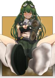 Rule 34 | 1girl, absurdres, arknights, arm support, artist name, belt, breasts, cleavage, facial mark, feet, foot focus, foot pussy, foreshortening, gavial (arknights), gavial the invincible (arknights), goggles, goggles on head, green hair, highres, holding, holding shoes, long hair, medium breasts, namukot, no shoes, official alternate costume, pointy ears, rebreather, shoes, shorts, single shoe, sitting, smell, smile, socks, soles, solo, toenails, toes, unworn shoes, yellow eyes