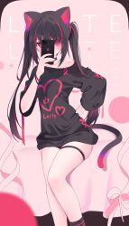 Rule 34 | 1girl, animal ears, black hair, black shirt, black socks, blush, cat ears, cat tail, cellphone, collarbone, commentary request, highres, holding, holding phone, indie virtual youtuber, koucha latte, long hair, looking at viewer, multicolored hair, phone, pink eyes, roin, shirt, sitting, smartphone, socks, solo, tail, twintails, virtual youtuber