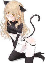 Rule 34 | 1girl, alice gear aegis, animal ears, bad id, bad twitter id, blonde hair, blush, bodysuit, cat ears, closed mouth, commentary request, glasses, high heels, highres, long hair, looking at viewer, perrine h. clostermann, sikisikisikibu, solo, strike witches, sweat, tail, white background, world witches series, yellow eyes