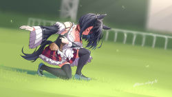 Rule 34 | 1girl, animal ears, black hair, breasts, cleavage, closed eyes, eishin flash (umamusume), grass, highres, horse ears, horse girl, horse tail, kuro oolong, on one knee, photo-referenced, racetrack, real life, scene reference, skirt, tail, thighhighs, twitter username, umamusume, wide sleeves