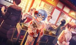 Rule 34 | 2boys, 4girls, aqua eyes, black coat, blue-framed eyewear, blue hair, brown coat, brown hair, cinderella series, coat, cup, disposable cup, dutch angle, floral print kimono, game cg, glasses, hachigatsu no cinderella nine, hair ornament, hakama, hakama skirt, hase maria, highres, holding, holding cup, japanese clothes, kimono, lens flare, light blue hair, looking at viewer, miko, multiple boys, multiple girls, non-web source, official art, outdoors, parted lips, red hakama, sandals, semi-rimless eyewear, short hair, shrine, skirt, smile, sparkle, standing, sweater, tabi, under-rim eyewear, white kimono, white sweater, wide sleeves, zouri