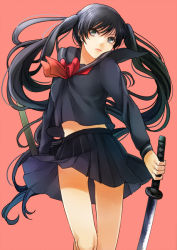 Rule 34 | black eyes, black hair, kanameyura, katana, original, school uniform, solo, sword, twintails, weapon