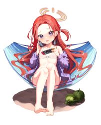 Rule 34 | 1girl, alternate costume, bikini, bikini under clothes, blue archive, blush, coconut, collarbone, commentary, commentary request, forehead, foreshortening, halo, handheld game console, headphones, long hair, mannack, navel, petite, red hair, sitting, solo, swimsuit, white background, yuzu (blue archive)