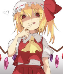 Rule 34 | 1girl, :p, ascot, blonde hair, breasts, closed mouth, collared shirt, commentary, cowboy shot, crystal, flandre day, flandre scarlet, frilled shirt collar, frills, gradient background, grey background, hair between eyes, hat, hat ribbon, heart, looking at viewer, medium hair, mob cap, nahori (hotbeans), one side up, puffy short sleeves, puffy sleeves, red eyes, red ribbon, red skirt, red vest, ribbon, shaded face, shirt, short sleeves, skirt, skirt set, slit pupils, small breasts, smile, solo, tongue, tongue out, touhou, vest, white background, white hat, white shirt, wings, yellow ascot