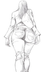Rule 34 | 1girl, ass, back, bag, dan hayakawa, denim, from below, greyscale, jeans, long hair, monochrome, original, pants, solo