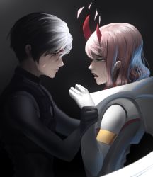 Rule 34 | 10s, 1boy, 1girl, asymmetrical horns, black bodysuit, black gloves, black hair, blood, blood on face, blue eyes, bodysuit, commentary, couple, darkzmonsty, darling in the franxx, gloves, green eyes, hair ornament, hairband, hetero, hiro (darling in the franxx), holding another&#039;s arm, horns, long hair, looking at another, oni horns, pilot suit, pink hair, red horns, short hair, tears, white bodysuit, white gloves, white hairband, zero two (darling in the franxx)