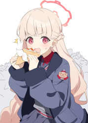 Rule 34 | 1girl, ^^^, blonde hair, blue archive, braid, coat, crepe, crown braid, drooling, eating, food, fur-trimmed coat, fur trim, grey coat, grey skirt, grey sweater vest, halo, hands up, holding, holding food, jacket, long braid, long hair, long sleeves, looking at viewer, nodoka (blue archive), open clothes, open jacket, open mouth, pleated skirt, red eyes, simple background, skirt, solo, supershiruco, sweatdrop, sweater vest, upper body, white background