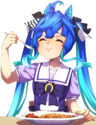 Rule 34 | 1girl, ahoge, animal ears, blue hair, bow, closed eyes, crossed bangs, curry, curry rice, eating, food, hair bow, highres, holding, holding spoon, horse ears, horse girl, light smile, long hair, multicolored hair, rice, school uniform, sidelocks, sitting, solo, spoon, striped, striped bow, thin (suzuneya), tracen school uniform, twin turbo (umamusume), twintails, umamusume, white background
