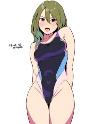 Rule 34 | 1girl, artist name, baba arumi, bare shoulders, blue eyes, breasts, competition swimsuit, dated, green hair, groin, long hair, medium breasts, mole, mole under eye, one-piece swimsuit, open mouth, original, simple background, solo, swimsuit, teeth, tongue, white background