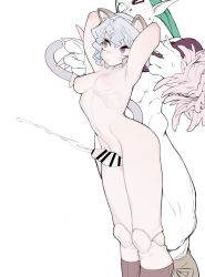 Rule 34 | 1boy, 1girl, aioi u, animal ears, armpits, arms behind head, arms up, bored, breasts, breasts out, bug, cat ears, cat tail, censored, doll joints, erection, feathers, furry, furry female, green hair, hetero, hunter x hunter, intercrural sex, joints, long hair, looking to the side, medium breasts, mosaic censoring, muscular, muscular male, navel, neferpitou, nipples, nude, penis, rammot (hunter x hunter), red eyes, rubbing, simple background, small breasts, tail, thigh sex, thighs, uninterested, white background, white hair