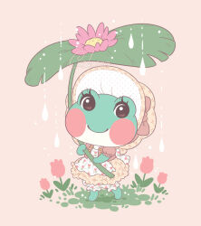 Rule 34 | 1girl, animal crossing, apron, artist name, bloomers, blush, blush stickers, bonnet, bow, brown dress, brown eyes, brown headwear, buttons, closed mouth, commentary, dress, english commentary, eyelashes, floral print, flower, frog girl, full body, grass, holding, holding leaf, leaf, lily (animal crossing), looking at viewer, nintendo, pink background, pink bow, pink flower, pink shirt, print dress, print headwear, puffy short sleeves, puffy sleeves, rain, samantha whitten, shirt, short sleeves, signature, simple background, smile, solo, standing, tulip, underwear, white apron, white bloomers
