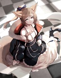 Rule 34 | 1girl, absurdres, animal ears, arknights, bare shoulders, black footwear, blue bow, blue jacket, boots, bow, breasts, brown eyes, brown hair, checkered floor, commentary, fox ears, fox tail, hair bow, high heel boots, high heels, highres, jacket, long hair, long sleeves, looking at viewer, lumo 1121, medium breasts, off shoulder, open clothes, open jacket, perfumer (arknights), ponytail, sitting, skirt, smile, solo, spaghetti strap, tail, white skirt