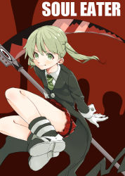 Rule 34 | 1girl, bad id, bad pixiv id, blush, closed mouth, commentary request, gloves, green eyes, green necktie, long hair, looking at viewer, maka albarn, miniskirt, necktie, plaid, plaid skirt, red background, school uniform, scythe, simple background, skirt, smile, solo, soul eater, striped necktie, twintails