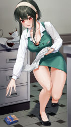 Rule 34 | 1girl, absurdres, bare legs, black footwear, black hair, black panties, blush, bra, bra peek, breasts, cleavage, coffee, coffee cup, cup, disposable cup, earrings, gold earrings, green skirt, green vest, hairband, hear (kpmf4732), highres, holding, holding paper, jewelry, large breasts, looking down, no legwear, office, office lady, panties, pantyshot, paper, paper stack, parted lips, peanut, pencil skirt, picking up, reaching, reaching towards viewer, red eyes, shirt, shoes, short hair with long locks, sidelocks, skirt, snack, solo, spill, spy x family, thighs, tile floor, tiles, underwear, uniform, vest, white hairband, white shirt, yor briar