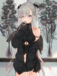 Rule 34 | + +, 1girl, animal, animal on shoulder, artist name, bare shoulders, black flower, black jacket, black nails, black shirt, blue eyes, braid, breasts, clothing cutout, cowboy shot, earrings, flower, frown, grey hair, hair between eyes, hair ornament, highres, jacket, jewelry, long hair, long sleeves, looking at viewer, medium breasts, nail polish, off shoulder, open clothes, open jacket, original, puffy sleeves, shirt, sleeveless, sleeveless shirt, sleeveless turtleneck, solo, stomach cutout, turtleneck, twintails, vase, very long hair, yadapot