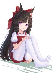Rule 34 | 1girl, alternate costume, animal ears, black hair, buruma, closed mouth, commentary request, daiichi ruby (umamusume), drill hair, flower, gym uniform, hair flower, hair ornament, highres, horse ears, horse girl, looking at viewer, no shoes, pantyhose, philo 324, purple eyes, simple background, sitting, soles, solo, toes, umamusume, white background, white pantyhose