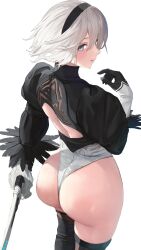 Rule 34 | 1girl, ass, asurada yui, blush, from above, from behind, gloves, hairband, highres, huge ass, leotard, looking back, nier:automata, nier (series), open mouth, short hair, smile, solo, sword, thighhighs, thong, thong leotard, weapon, white eyes, white hair, 2b (nier:automata)