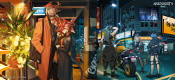 Rule 34 | air conditioner, antlers, aqua theme, arknights, building, ch&#039;en (arknights), character request, city, city lights, copyright name, earrings, highres, horns, hoshiguma (arknights), jewelry, motor vehicle, motorcycle, night, night sky, official art, orange theme, plant, police, police uniform, policewoman, sky, stuffed animal, stuffed toy, sunglasses, sunglasses removed, swire (arknights), tail, translation request, uniform, window