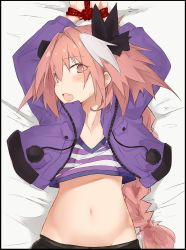 Rule 34 | 1boy, arms up, astolfo (fate), astolfo (memories at trifas) (fate), bdsm, blush, bondage, bound, bound wrists, braid, fang, fate/apocrypha, fate (series), hair ribbon, highres, jacket, kei (soundcross), long hair, male focus, official alternate costume, pink eyes, pink hair, ribbon, shirt, single braid, skin fang, solo, stomach, striped clothes, striped shirt