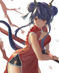 Rule 34 | 1girl, arknights, bead bracelet, beads, black shorts, blue hair, bracelet, branch, breasts, ch&#039;en (ageless afterglow) (arknights), ch&#039;en (arknights), china dress, chinese clothes, chinese commentary, cleavage, cleavage cutout, closed mouth, clothing cutout, commentary, cowboy shot, dalimao, double bun, dragon horns, dragon tail, dress, eyelashes, hair between eyes, hair bun, highres, horns, jewelry, medium breasts, medium hair, official alternate costume, pelvic curtain, red dress, red eyes, sheath, short shorts, short twintails, shorts, shorts under dress, side slit, sidelocks, simple background, sleeveless, sleeveless dress, solo, sunlight, sword, tail, tsurime, twintails, two side up, unsheathing, weapon, white background