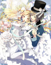 Rule 34 | 1boy, 1girl, bare shoulders, blonde hair, blue eyes, bouquet, bow, bridal veil, bride, brooch, brown eyes, brown hair, couple, detached sleeves, dress, flower, formal, frills, gathers, gin (oyoyo), groom, hair bow, hair flower, hair ornament, hat, hat ribbon, hetero, high heels, holding hands, jewelry, large bow, long hair, necklace, necktie, open mouth, original, ornate ring, pink flower, pink rose, puffy sleeves, ribbon, ring, ringlets, rose, shoes, short hair, striped, thighhighs, top hat, veil, wedding band, wedding dress, wedding ring, white dress, white flower, white rose, white thighhighs