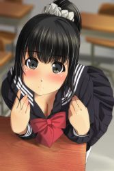 Rule 34 | 1girl, black eyes, black hair, black serafuku, black skirt, blurry, blurry background, blush, bow, bowtie, breasts, chair, classroom, cleavage, commentary request, desk, highres, leaning forward, leaning on object, long sleeves, looking at viewer, matsunaga kouyou, medium breasts, original, ponytail, red bow, red bowtie, school chair, school desk, school uniform, scrunchie, serafuku, skirt, smile, solo, white scrunchie