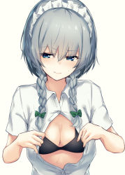 Rule 34 | 1girl, black bra, blue eyes, borushichi, bow, bra, braid, breasts, cleavage, collared shirt, green bow, hair bow, highres, izayoi sakuya, looking away, maid headdress, shirt, short hair with long locks, silver hair, simple background, small breasts, solo, touhou, twin braids, unbuttoned, unbuttoned shirt, underwear, upper body, white background, white shirt, wing collar