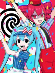 Rule 34 | + +, 2girls, aosa misosoup, apron, arms up, black eyes, blue hair, blush, choker, chromatic aberration, collared shirt, commentary, confetti, drill hair, empty eyes, gloves, grin, hat, hatsune miku, highres, kasane teto, long hair, looking at viewer, making-of available, mesmerizer (vocaloid), multiple girls, necktie, nervous smile, one eye closed, pink eyes, pink hair, shaded face, sharp teeth, shirt, short sleeves, smile, spiral, suspenders, sweat, teeth, tongue, tongue out, twin drills, twintails, twitter username, utau, very long hair, visor cap, vocaloid, waist apron, watermark, wrist cuffs