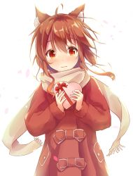Rule 34 | 1girl, animal ears, blush, box, brown coat, brown eyes, brown hair, brown scarf, closed mouth, coat, commentary request, fringe trim, gift, gift box, hair between eyes, heart-shaped box, highres, holding, holding gift, long hair, long sleeves, looking at viewer, minazuki mizu, nose blush, original, petals, scarf, solo, souffle (minazuki mizu), valentine, white background