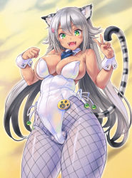 Rule 34 | 1girl, :d, animal ears, breasts, cat ears, cat girl, cat tail, dark-skinned female, dark skin, detached collar, fangs, female focus, fishnet pantyhose, fishnets, green eyes, kittysuit, kiyama satoshi, large breasts, leotard, long hair, necktie, nontraditional playboy bunny, open mouth, original, pantyhose, paw pose, smile, solo, tail, tiger ears, tiger tail, v, very long hair, wrist cuffs