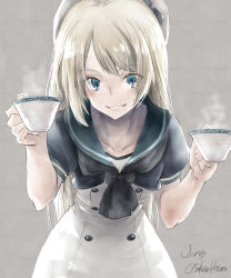 Rule 34 | 1girl, artist name, blonde hair, blue eyes, blue sailor collar, cup, dress, gloves, grey background, hat, hinoru saikusa, jervis (kancolle), kantai collection, leaning forward, long hair, looking at viewer, sailor collar, sailor dress, short sleeves, simple background, solo, steam, teacup, twitter username, white gloves, white hat