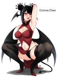 Rule 34 | 1girl, licking armpit, armpits, bat wings, black hair, black panties, black thighhighs, blush, breasts, character name, chinese clothes, cleavage cutout, clothing cutout, corona-chan, coronavirus, coronavirus symbol, coronavirus tattoo, demon tail, demon wings, double bun, dress, hair bun, head wings, high heels, highres, lace, lace-trimmed legwear, lace panties, lace trim, licking, looking at viewer, navel cutout, panties, pantyshot, pelvic curtain, pubic tattoo, red dress, red footwear, shoes, short hair, short hair with long locks, side-tie panties, simple background, sleeveless, sleeveless dress, squatting, stiletto heels, tail, tattoo, thighhighs, tongue, tongue out, underwear, white background, wings, xter