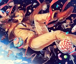 Rule 34 | 1boy, aged down, alien, america (hetalia), american flag, axis powers hetalia, belt, birthday, blonde hair, blue eyes, burger, candy, child, circus66, commentary request, cupcake, dated, doughnut, food, fourth of july, glasses, gloves, happy birthday, jacket, jelly bean, lollipop, male focus, multiple persona, necktie, open mouth, sam browne belt, short hair, smile, solo, solo focus, tony (hetalia), ufo, v