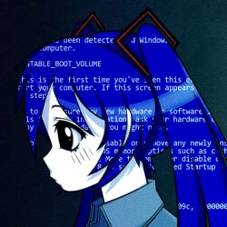 Rule 34 | 1girl, black eyes, blue hair, blue screen of death, blush, closed mouth, collared shirt, colored skin, cryptidhermit, eyelashes, from side, hatsune miku, long hair, long sleeves, portrait, shirt, solo, twintails, vocaloid, white skin