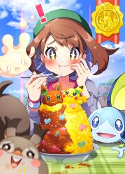Rule 34 | !, + +, 1girl, :t, absurdres, blush, bowl, brown hair, cardigan, closed mouth, cloud, commentary request, creatures (company), curry, day, dress, dynamax band, eating, eevee, food, game freak, gen 1 pokemon, gen 8 pokemon, gloria (pokemon), green headwear, grey cardigan, hat, highres, holding, holding spoon, looking at viewer, milcery, motion blur, nintendo, outdoors, photobomb, pikachu, pink dress, pokemon, pokemon (creature), pokemon swsh, pon yui, skwovet, sky, sobble, spoon, tablecloth, yellow eyes