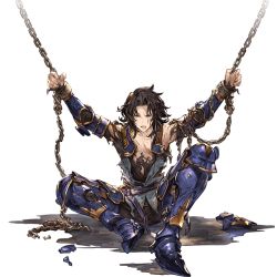 Rule 34 | 10s, 1boy, armor, armored boots, black hair, blue armor, boots, bruise, chain, chained, full body, granblue fantasy, injury, lancelot (granblue fantasy), male focus, minaba hideo, official art, sitting, solo, torn clothes, transparent background, wavy hair