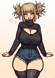 Rule 34 | 1girl, :d, absurdres, belt, black sweater, black thighhighs, blonde hair, blunt bangs, boku no hero academia, breasts, brown hair, cleavage, cleavage cutout, clothing cutout, denim, denim shorts, double bun, gradient background, hair bun, heart, highres, huge breasts, long sleeves, looking at viewer, nikuatsu magician shinbo, open mouth, short hair, shorts, signature, simple background, smile, solo, sweater, teeth, thick thighs, thigh gap, thighhighs, thighs, toga himiko