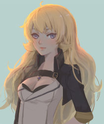 Rule 34 | 1girl, bad id, bad pixiv id, blonde hair, breasts, cleavage, long hair, looking at viewer, medium breasts, purple eyes, rwby, simple background, smile, solo, upper body, yang xiao long, zyl