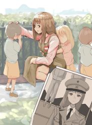 Rule 34 | 2boys, 2girls, apron, blonde hair, brown hair, child, epaulettes, execution, faceless, fence, germany oneesan (meme), hand on another&#039;s head, hanged, hat, heart, highres, kindergarten teacher, long hair, long sleeves, meme, military, military hat, military uniform, multiple boys, multiple girls, name tag, original, outdoors, peaked cap, photo (object), red eyes, scar, sideways mouth, squatting, take (trude1945oneetyan), uniform