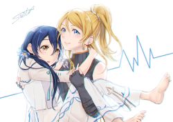 Rule 34 | 2girls, ayase eli, barefoot, black gloves, blonde hair, blue eyes, blue hair, blush, carrying, feet, fingerless gloves, flower, gloves, hair between eyes, hair flower, hair ornament, long hair, love live!, love live! school idol festival, love live! school idol project, multiple girls, open mouth, ponytail, princess carry, scrunchie, signature, simple background, sleeveless, smile, sonoda umi, suito, toes, vietnamese dress, white background, yellow eyes