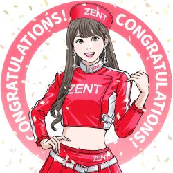 Rule 34 | 1girl, belt, brown hair, confetti, congratulations, earrings, hand on own hip, head tilt, highres, jacket, jewelry, kondo koji (automotive artist), long hair, looking at viewer, matsuda ran, midriff, navel, open mouth, race queen, real life, red jacket, red skirt, skirt, smile, solo, super gt, team zent, very long hair, white belt