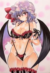 Rule 34 | 1girl, absurdres, aged up, bat wings, blush, bow, bra, breasts, cleavage, frilled bra, frilled panties, frills, hat, hat bow, highres, large breasts, looking at viewer, marker (medium), nail polish, navel, panties, parted lips, purple hair, red eyes, remilia scarlet, ribbon, simple background, solo, standing, thick thighs, thighhighs, thighs, touhou, traditional media, twobee, underwear, wings