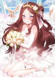 Rule 34 | 1girl, animal, bare shoulders, bird, blue eyes, blush, bouquet, breasts, bride, brown hair, cleavage, commentary request, crown, dress, earrings, elbow gloves, fate/grand order, fate (series), flower, gloves, grin, highres, jewelry, leonardo da vinci (fate), leonardo da vinci (fate/grand order), leonardo da vinci (rider) (fate), long hair, looking at viewer, m-da s-tarou, parted bangs, pregnant, side ponytail, sitting, small breasts, smile, solo, wariza, wedding dress, white dress, white footwear, white gloves