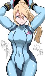 1boy 1girl blonde_hair blue_bodysuit blue_eyes bodysuit breasts highres holding long_hair looking_at_viewer metroid metroid_(creature) mole mole_under_mouth nasu_(ilo_a5) nintendo ponytail ridley samus_aran simple_background skin_tight splatoon_(series) super_smash_bros. wings zero_suit